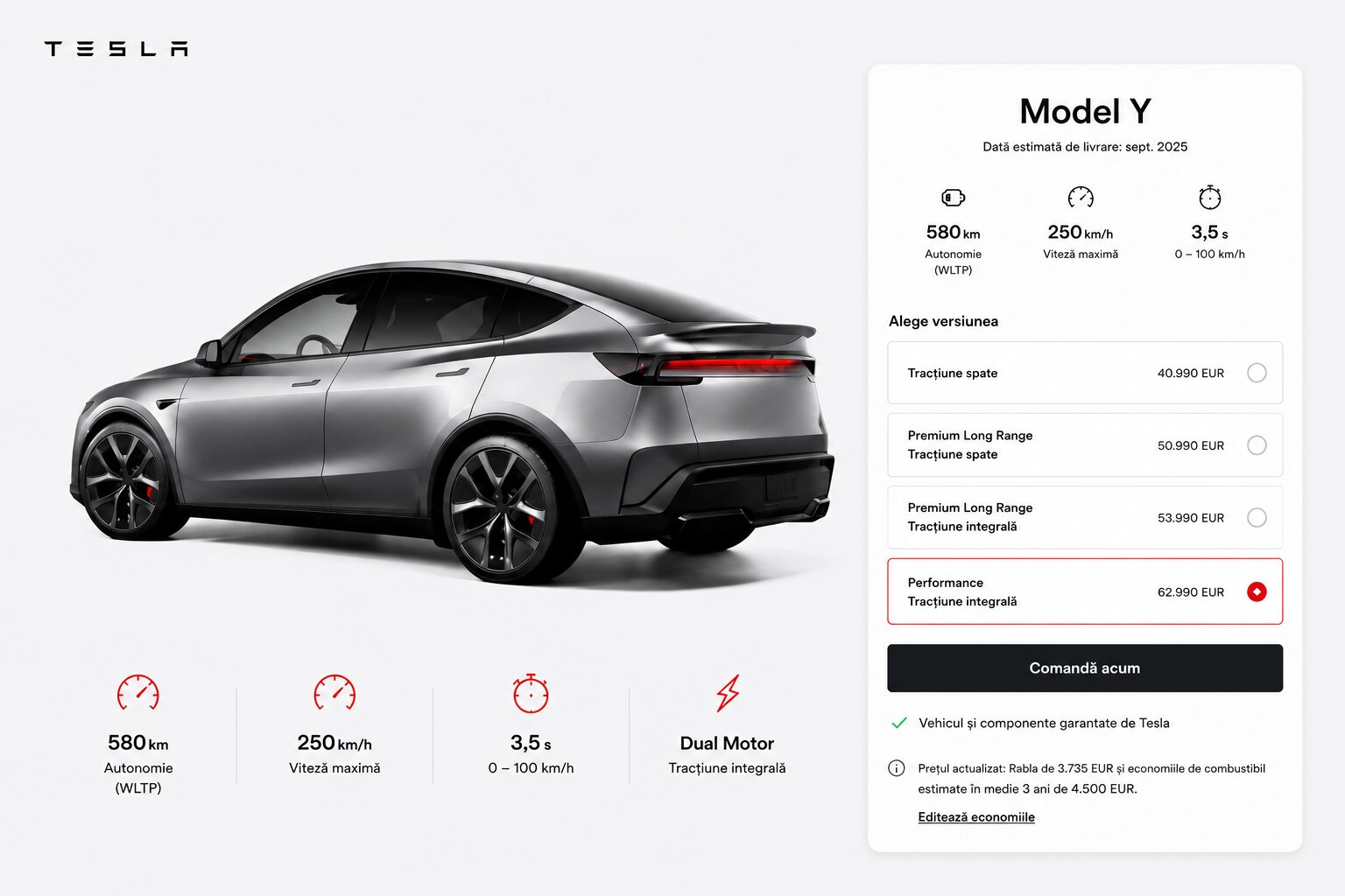 Tesla Model Y Performance configurata in configuratorul oficial Tesla