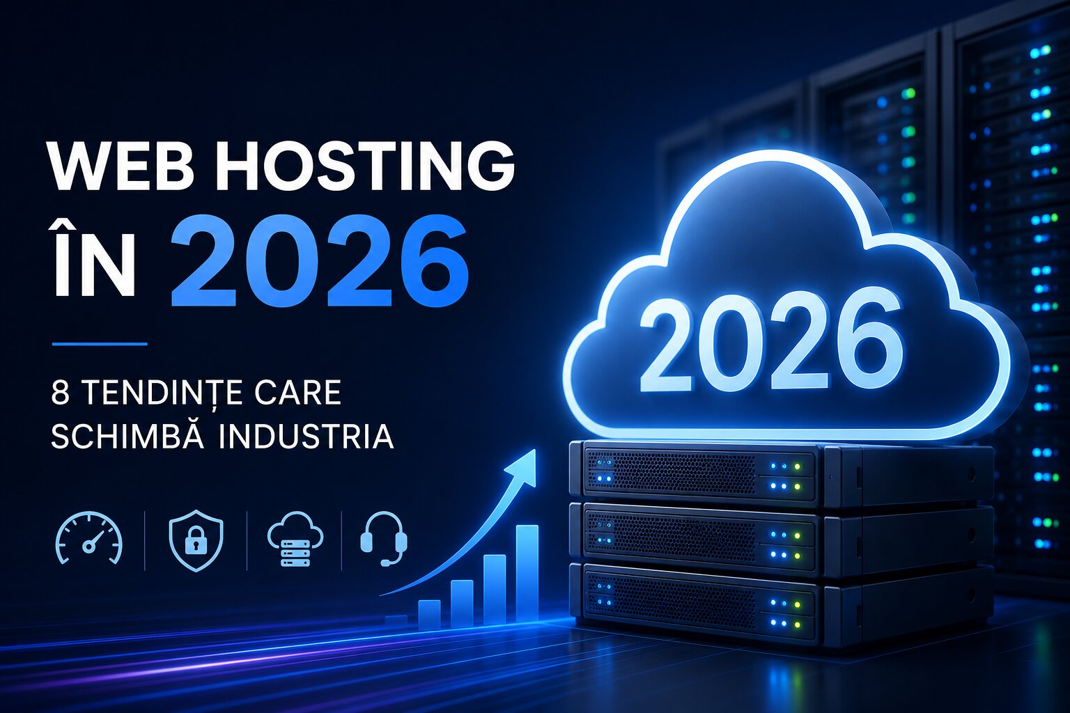 Tendintele industriei de web hosting in 2026 ilustrate prin servere moderne si cloud computing